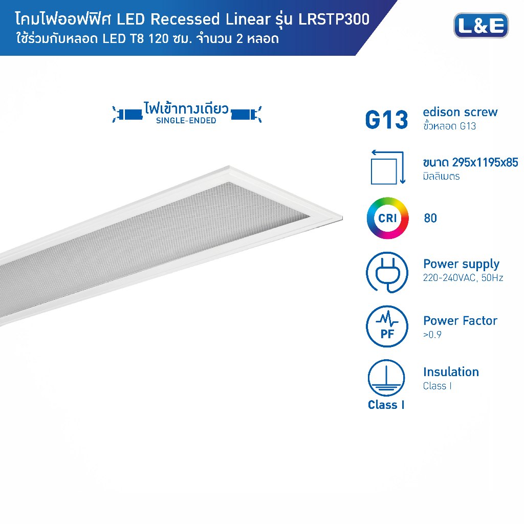 L&E โคมไฟฝังฝ้าหน้า Prismatic สำหรับหลอด LED T8 2 หลอด ขนาด 30x120cm รุ่น LRSTP600 (ใช้กับหลอดไฟเข้าทางเดียว)