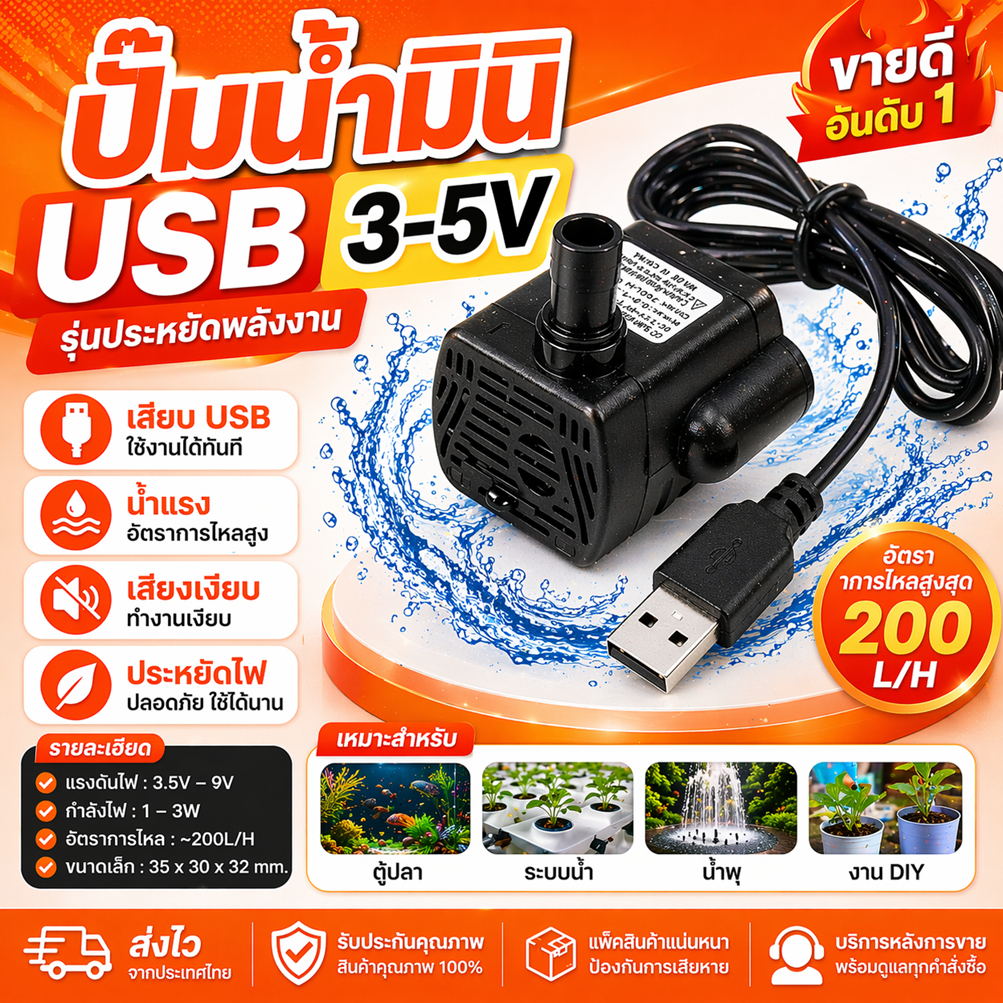 ปั๊มน้ำจุ่มมินิ 3.5V–9V USB-1020 กระแสตรง แบบต่อ USB รุ่นประหยัดพลังงาน
