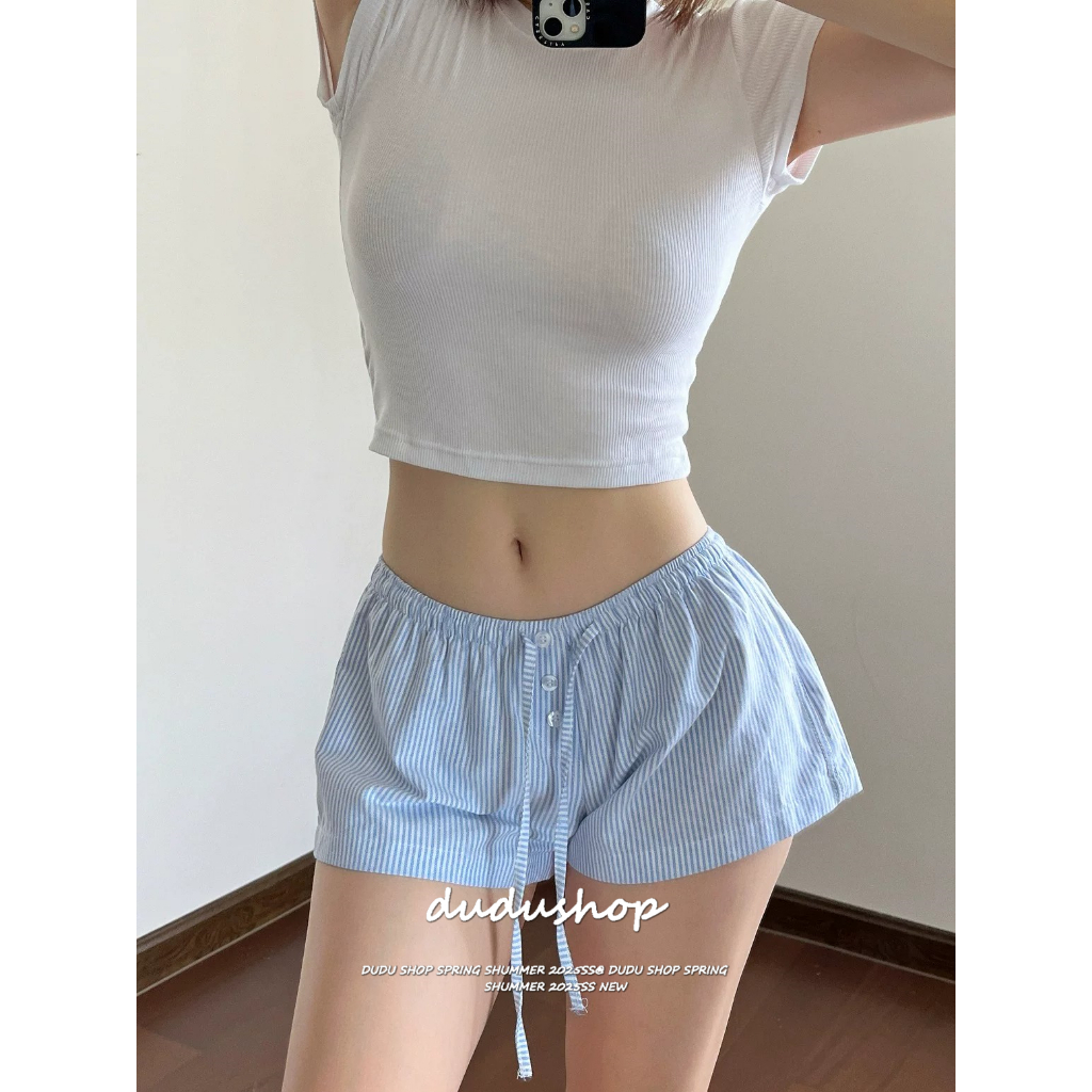 [Striped wide leg shorts]เกาหลีรุ่นวินเทจผู้หญิงสบายลายเทรนด์กว้างกางเกงขาสั้นลำลอง