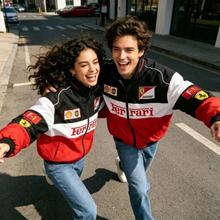 [พร้อมส่ง]Ferrari F1 เสื้อแจ็กเก็ตรถแข่งย้อนยุค เสื้อโค้ทแขนยาวผู้หญิง ปักลายงานสวย ผ้าหนานุ่ม มีซิปใส่ได้ทั้งชายและหญิง