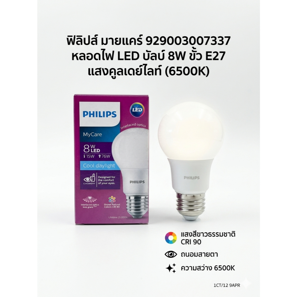 (เคลียร์สต็อค แพ็คคู่2ชื้น ) หลอดไฟฟิลิปส์ MyCare LED Bulb 8W E27 6500K