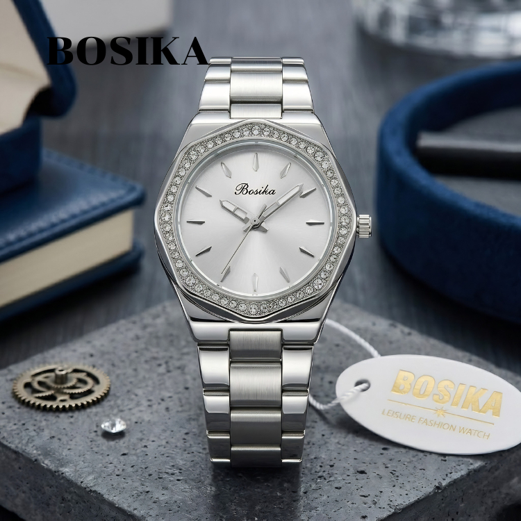 นาฬิกาข้อมือ BOSIKA ดีไซน์แปดเหลี่ยมสุดคลาสสิก ล้อมเพชร ตัวเรือนสแตนเลสสตีล