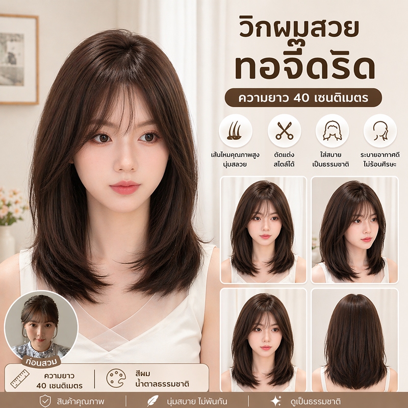 MAYAWIG  วิกผมทอมือจิ๊ดริด วิกผมทรงประบ่าปลายสไลด์ หน้าม้าซีทรู สีน้ำตาล (40 cm.) MJ06