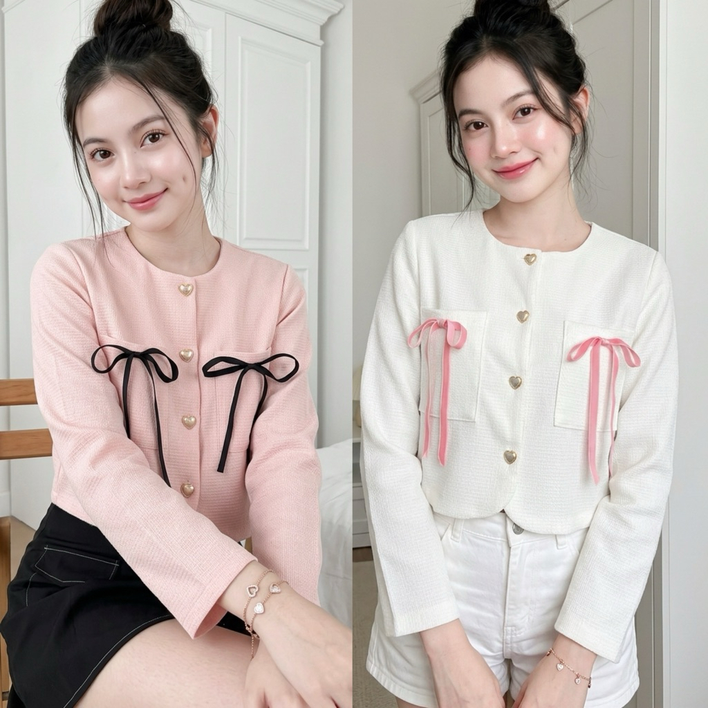 ⭐️ผ้าวิ้งๆ⭐️เสื้อทวิตแขนยาวเนื้อหนาผ้าทอ ไม่คัน ติดโบว์กำมะหยี่ผูก/ H2-12 // COOK-ยาวโบว์2 ⚫ – โปรปัง