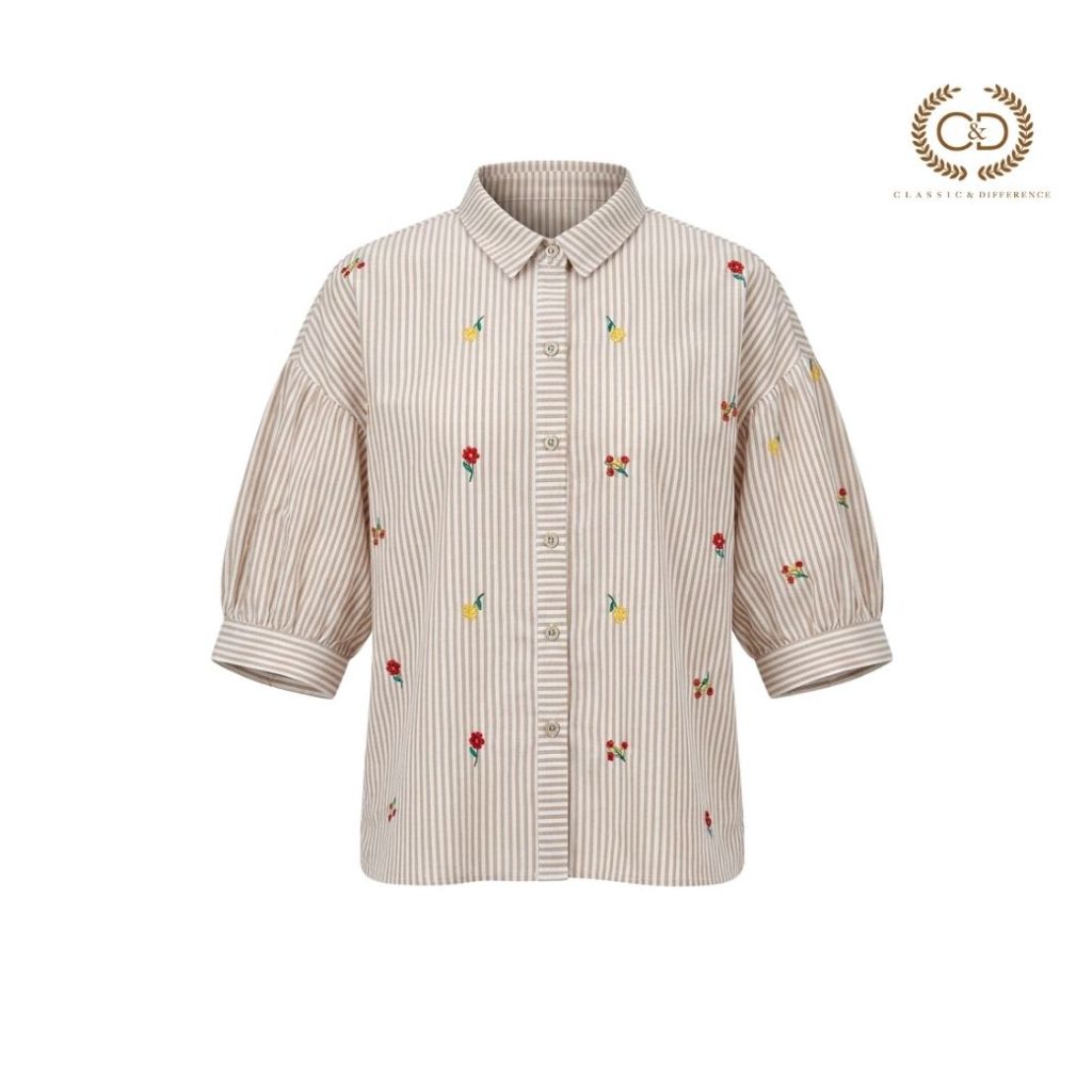 C&D Woman's blouse โคโมฮานะ สไตร์พ เสื้อผู้หญิงแขนสั้น สีเบจ CC7DBE