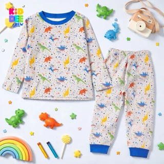 KiddeeCrew ชุดนอนเด็ก สีเทาไดโนเสาร์ฟ้า ผ้าcotton 100% เหมาะสำหรับอายุ 1-12 ปี