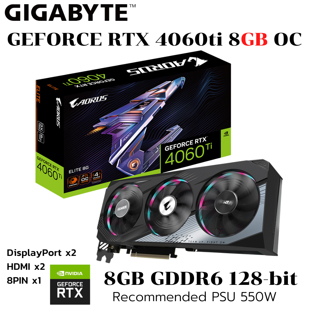 VGA (การ์ดแสดงผล) GIGABYTE AORUS GEFORCE RTX 4060 TI ELITE 8G - 8GB GDDR6