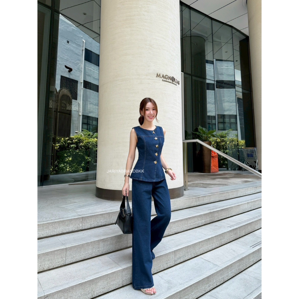 D8 งานป้าย Jariya Set ชุดเซ็ท 2 ชิ้น เสื้อ กางเกงขายาว ผ้ายีนส์ สำหรับผู้หญิง เสื้อผ้าแฟชั่นผู้หญิง ไซส์ S-XL