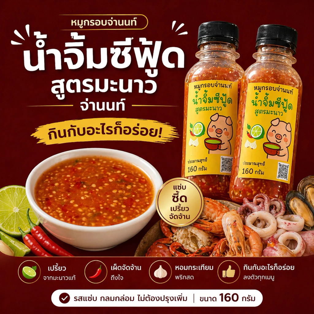 น้ำจิ้มซีฟู้ดสูตรมะนาว ปริมาณ 160 กรัม ร้านหมูกรอบจ่านนท์