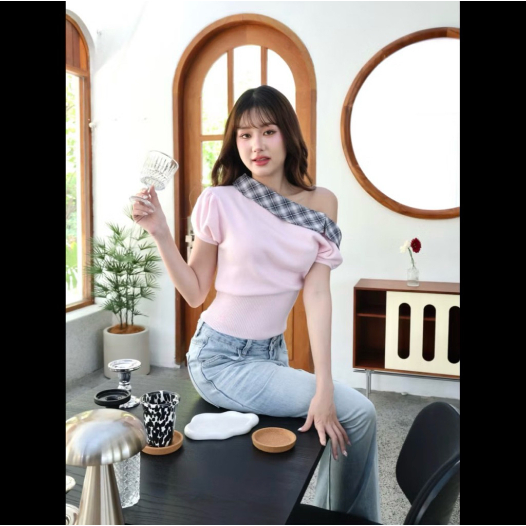 เสื้อไหมพรม ปาดไหล่ แขนสั้น jarinya