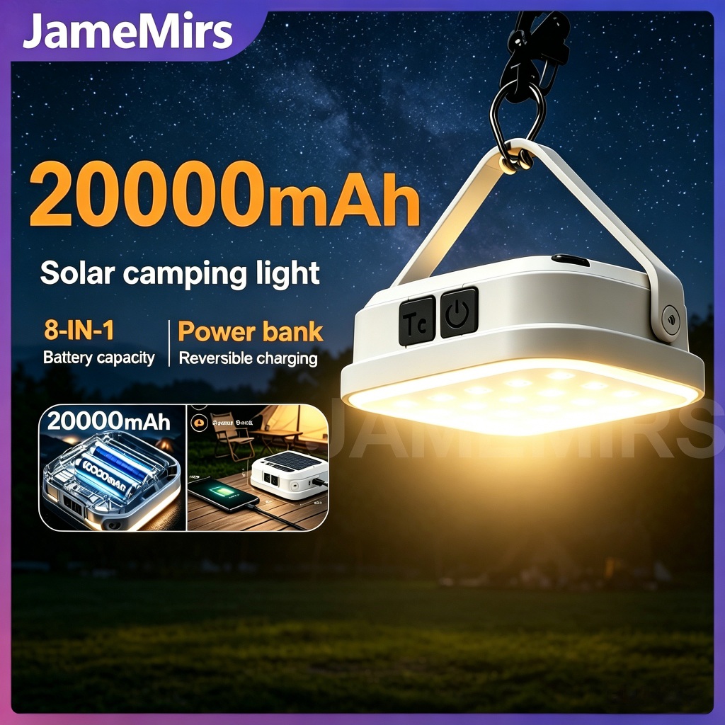JameMirs 20000mAh ไฟแคมป์ปิ้งโซล่าเซลล์ LED โคมไฟเต็นท์พกพา 6โหมด กันน้ำกลางแจ้งไฟฉุกเฉิน ใช้สำหรับ ปีนเขา ตกปลา