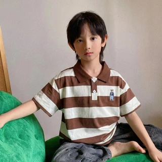 เสื้อยืดแขนสั้นสำหรับเด็ก เสื้อโปโลลายทางสไตล์เกาหลี เสื้อโปโลผ้าฝ้ายแท้ปักลาย ดีไซน์ทันสมัยและใช้งานได้หลากหลาย