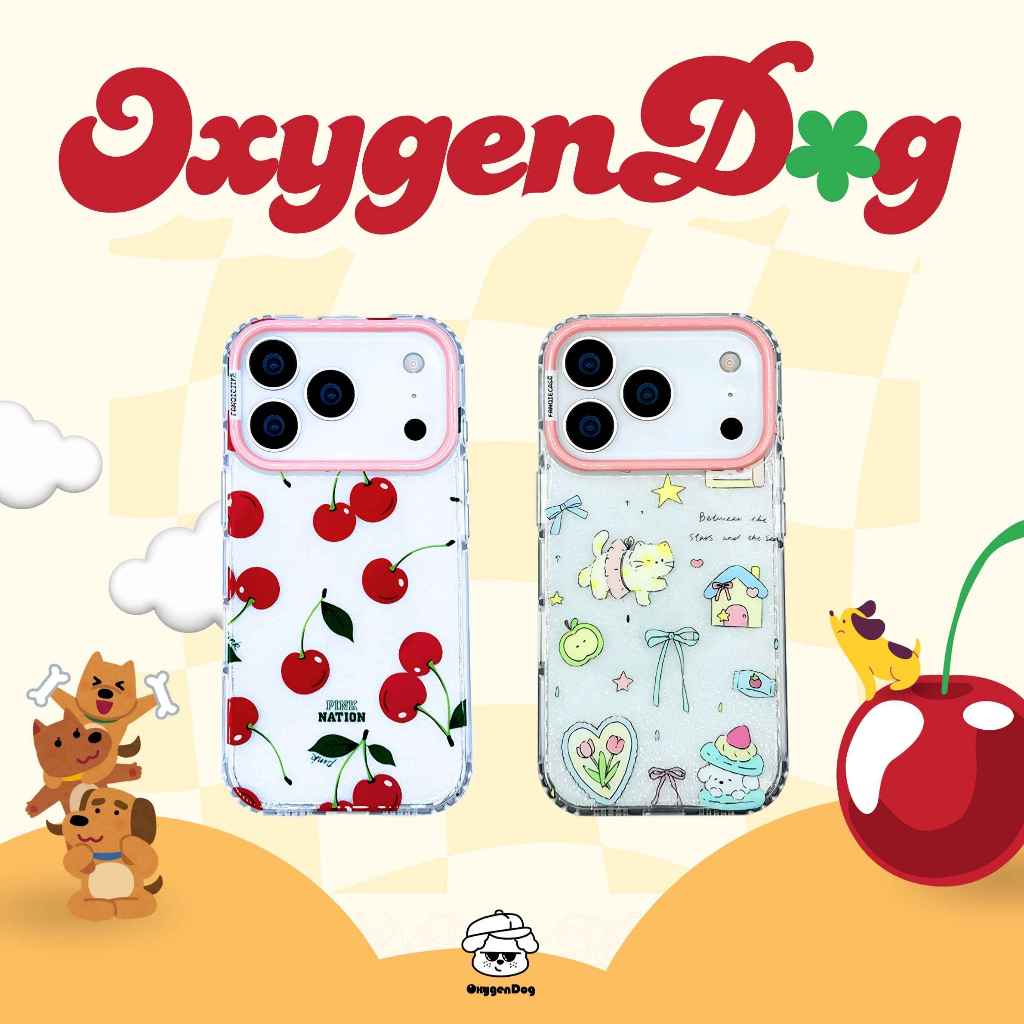 Oxygendog case เคสไอโฟน กากเพชร ลาย เชอร์รี่ น้องแมว For iPhone 17promax 17pro 17 16 ProMax 15 14 13