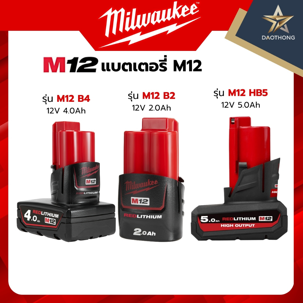 Milwaukee แบตเตอรี่ 12V รุ่น M12 B2 2.0 Ah / รุ่น M12 B4 4.0 Ah / รุ่น M12 HB5 5.0 Ah (xก้อน)