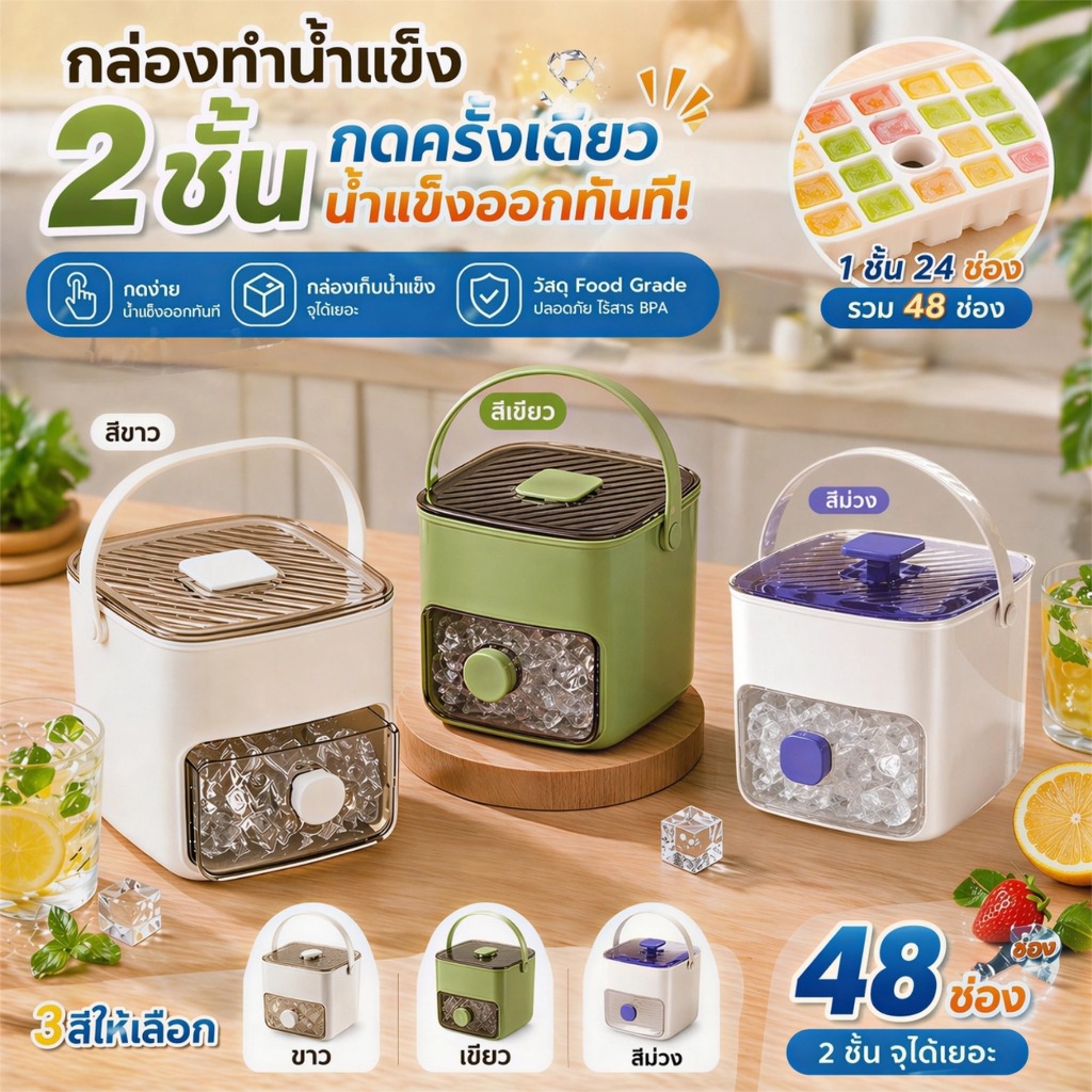 กล่องน้ำแข็ง 48 ช่อง 2 ชั้น มี 3 สี ขาว ม่วง เขียว กดง่าย พร้อมกล่องเก็บน้ำแข็ง แถมฟรีช้อน