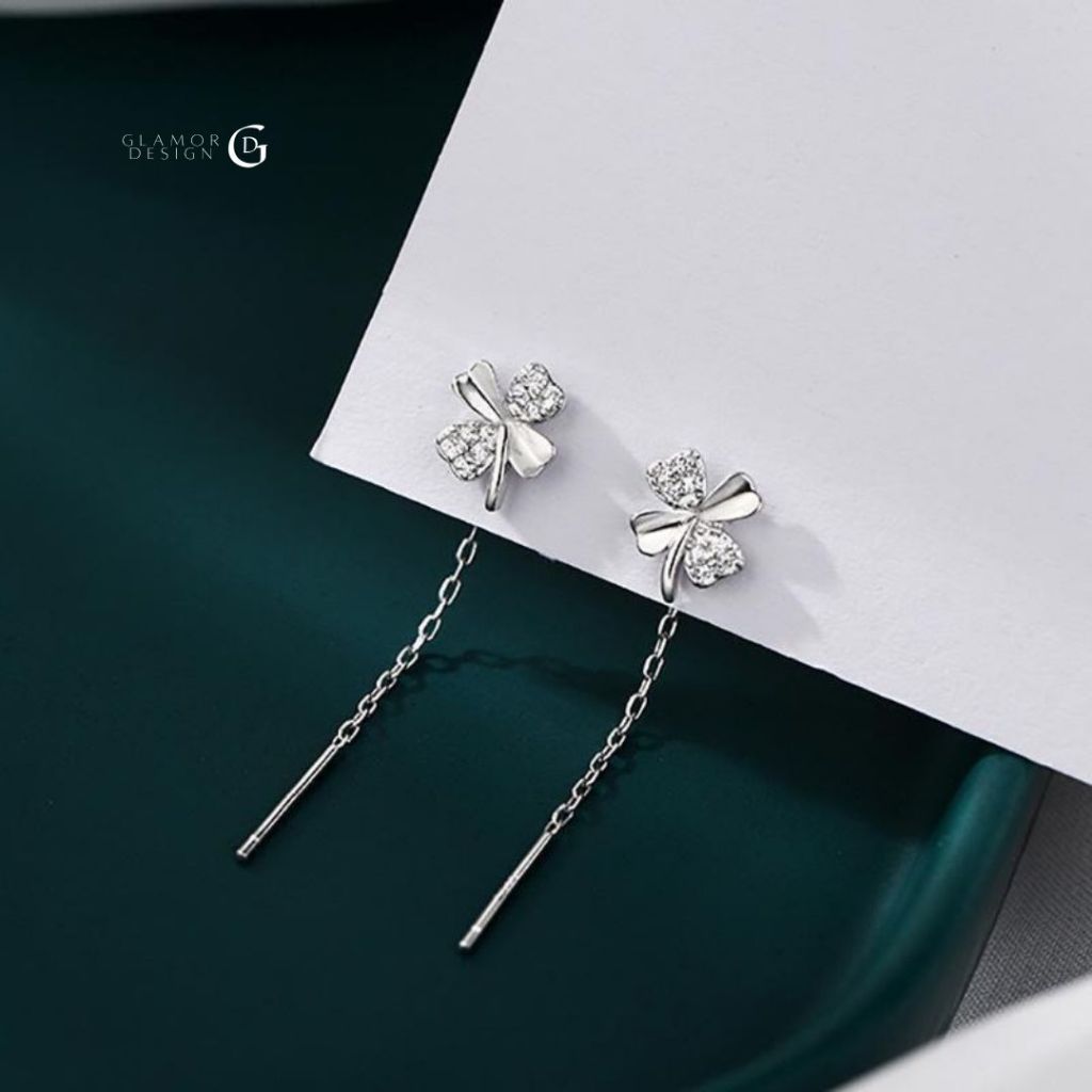 GLAMOR✨ต่างหูเงินแท้ Lucky Line ต่างหูรูปใบโคลเวอร์สี่แฉก ใส่ได้ตั้งแต่เช้ายันค่ำ ต่างหูเพชร ด้ายหู รูปที่ 8