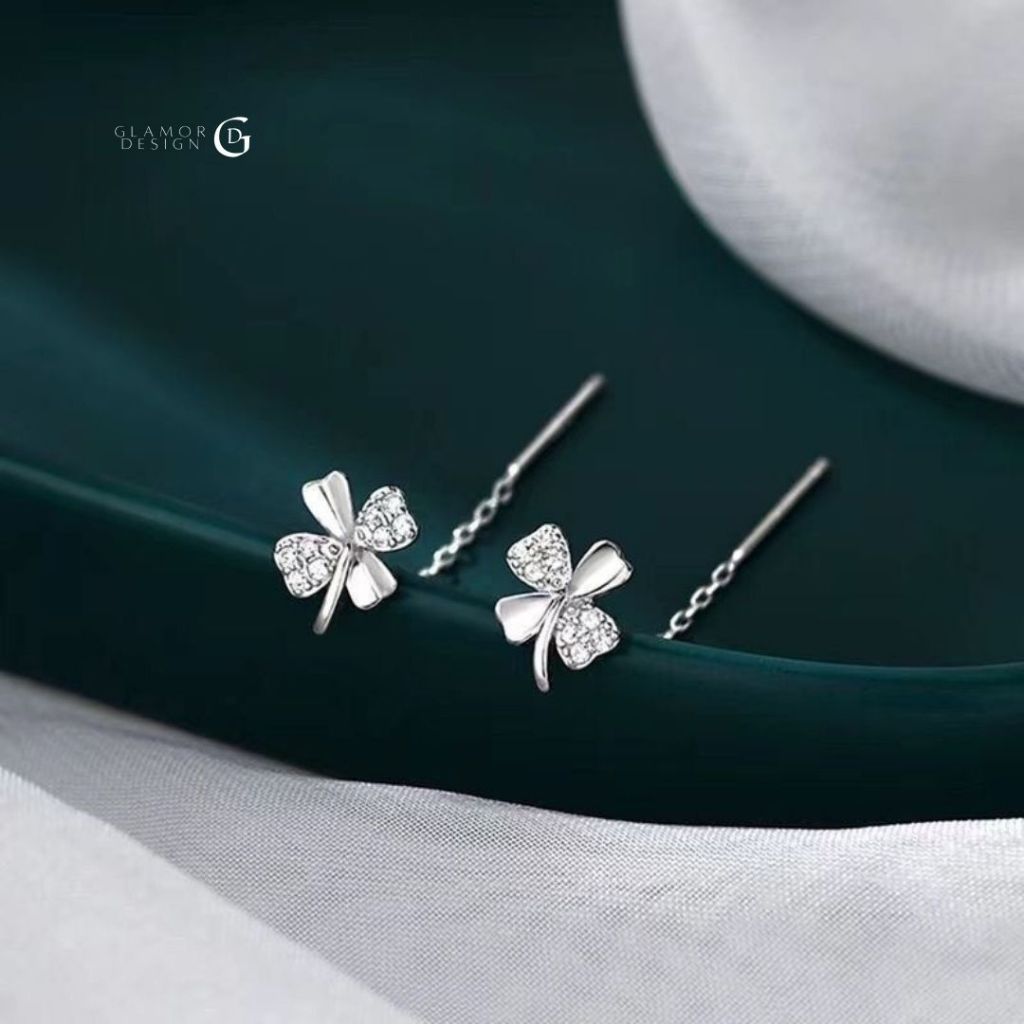 GLAMOR✨ต่างหูเงินแท้ Lucky Line ต่างหูรูปใบโคลเวอร์สี่แฉก ใส่ได้ตั้งแต่เช้ายันค่ำ ต่างหูเพชร ด้ายหู รูปที่ 2