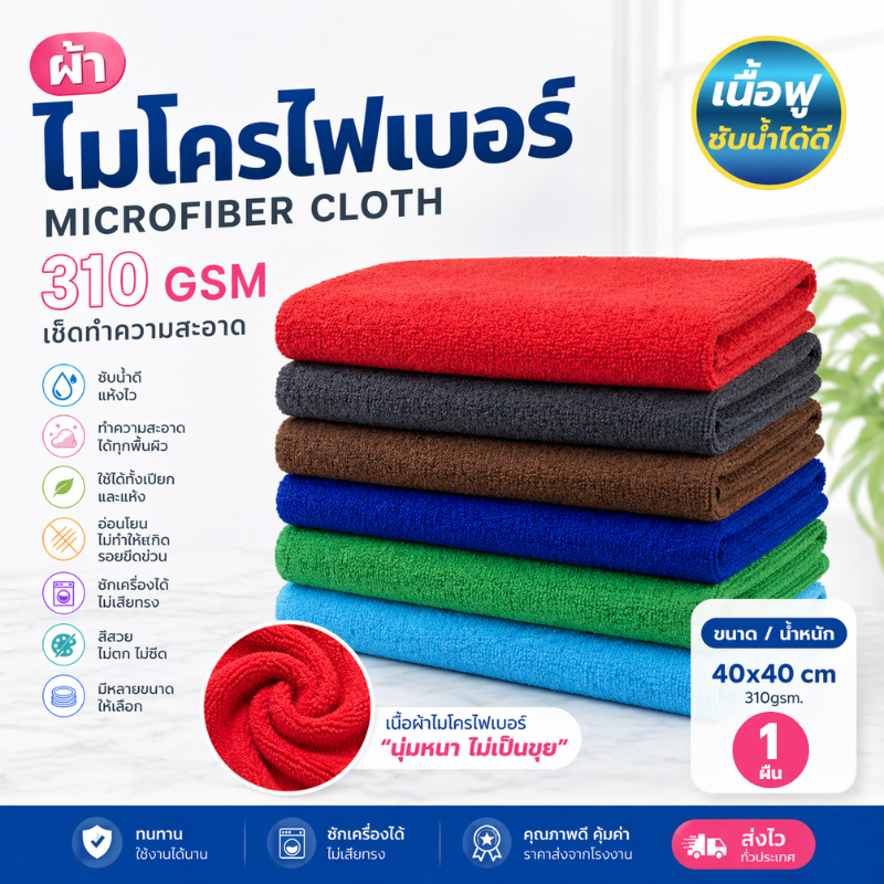 ( 1ผืน ) 40x40ซม 310แกรม ผ้าไมโครไฟเบอร์เช็ดรถ ทำความสะอาดรถยนต์ เช็ดอเนกประสงค์