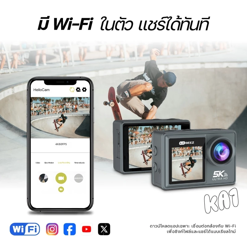 KA-1 Gopro กล้องแอคชั่น กล้องโกโปร กันน้ำกันสั่น หน้าจอสัมผัส 5K 30fps WiFi Action Camera กล้องติดหมวกกันน็อคพร้อมรีโม thumbnail 9