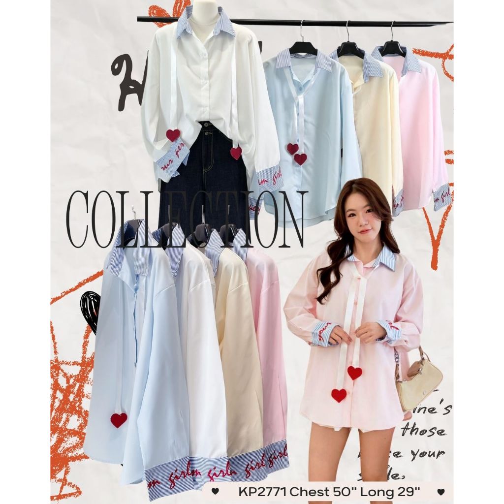 อก50เสื้อเชิ้ตแขนยาวอกใหญ่ ทรง over size ดีเทลปักข้อแขนผ้าริ้ว แถมริบบิ้นหัวใจ