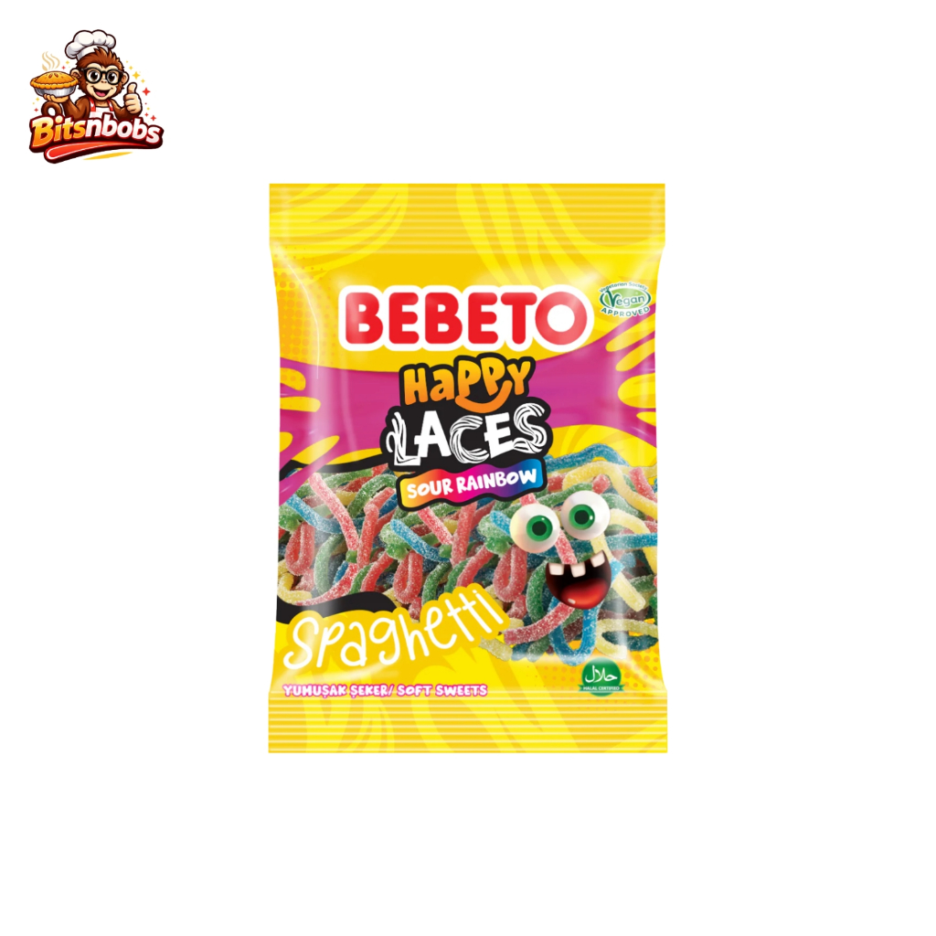 🍬🌈Bebeto Happy Laces Sour Rainbow 70g - เบเบโต้ แฮปปี้เลซ เยลลี่เส้นสปาเก็ตตี้ รสผลไม้รวม🌈🍬