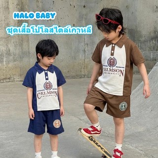 ชุดเสื้อโปโลเด็กและกางเกงขาสั้นแขนสั้น ดีไซน์แบบสีตัดกันสไตล์เกาหลี เสื้อโปโลพิมพ์ลาย ทันสมัยและมีสไตล์