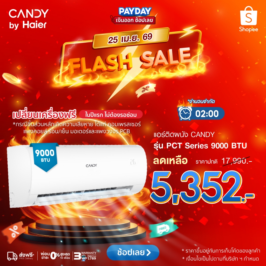 [Per-saleเฉพาะ18000BTU ของเข้า2พ.ค] CANDY เครื่องปรับอากาศติดผนัง Fixed Speed รุ่น PCT Series