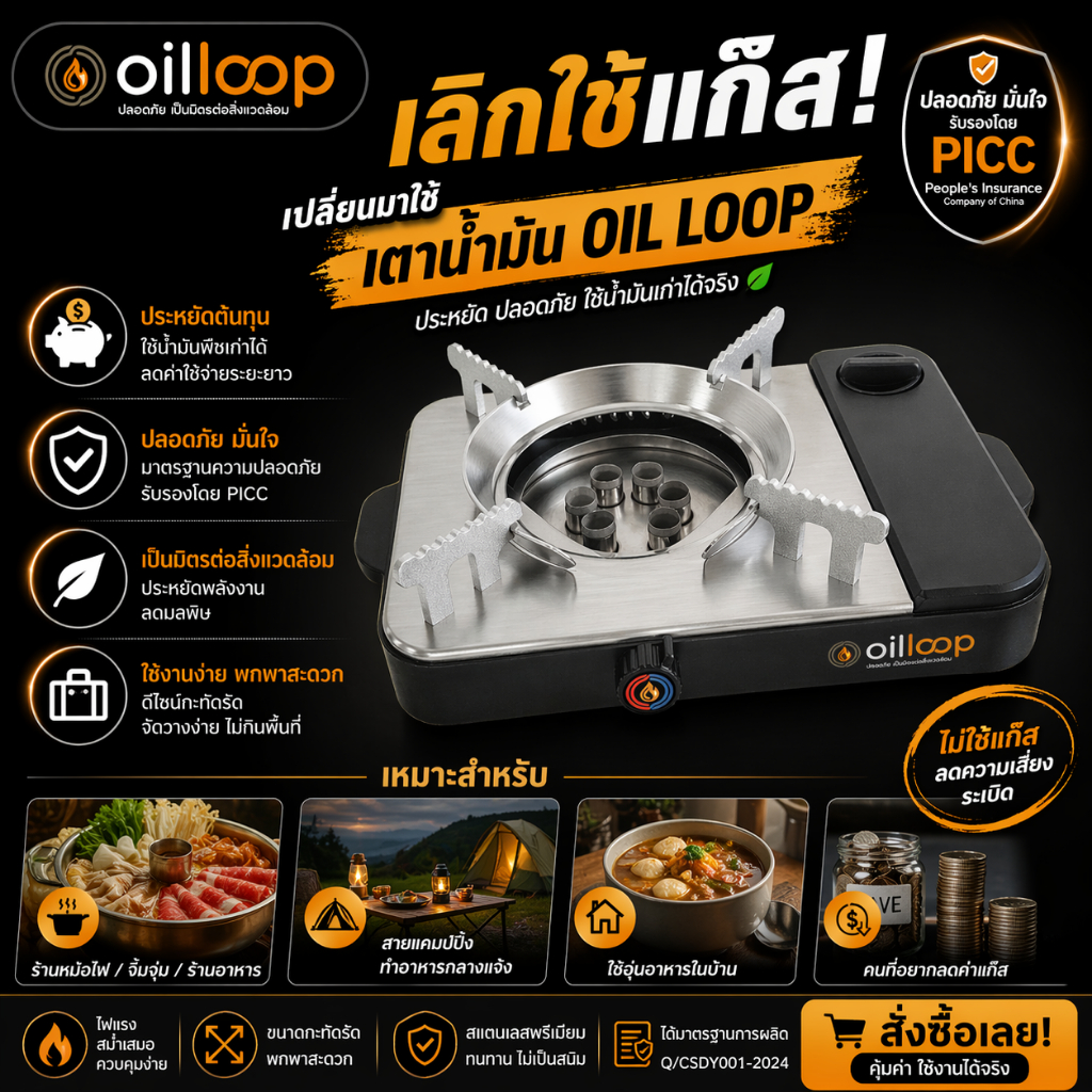 Oil Loop - เตาน้ำมันใช้แล้ว รุ่น DYL-JF400 เตาน้ำมันใช้แล้ว เตาน้ำมัน เตาแคมป์ปิ้ง เตาหม้อไฟ  เตาหมูกระทะ เตาประหยัด