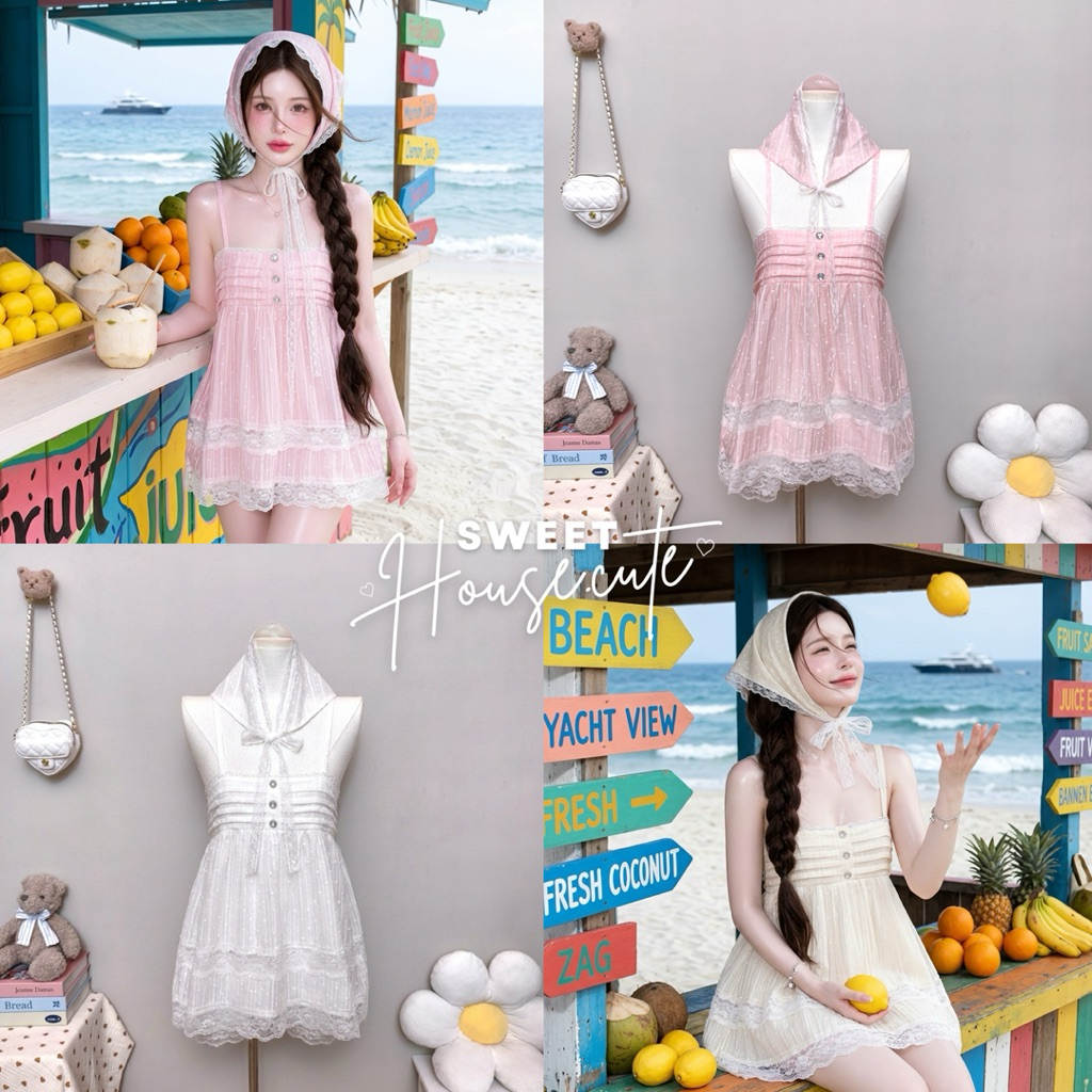 🧸 SweetHouse #722 🌻 เสื้อสายเดี่ยวตัวยาว (Rossy ผ้าบาง) แต่งด้วยลูกไม้แถมฟรีผ้าโพกผม + กางเกงลูกไม้ระบาย 4 ชั้นน่ารักมาก