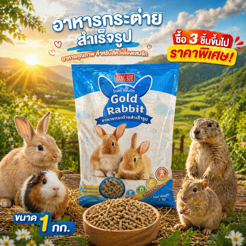 อาหารกระต่าย สำเร็จรูป​ ​Gold​ rabbit​ ขนาด​ 1กิโลกรัม ซื้อ 3 ถุง ราคาพิเศษ