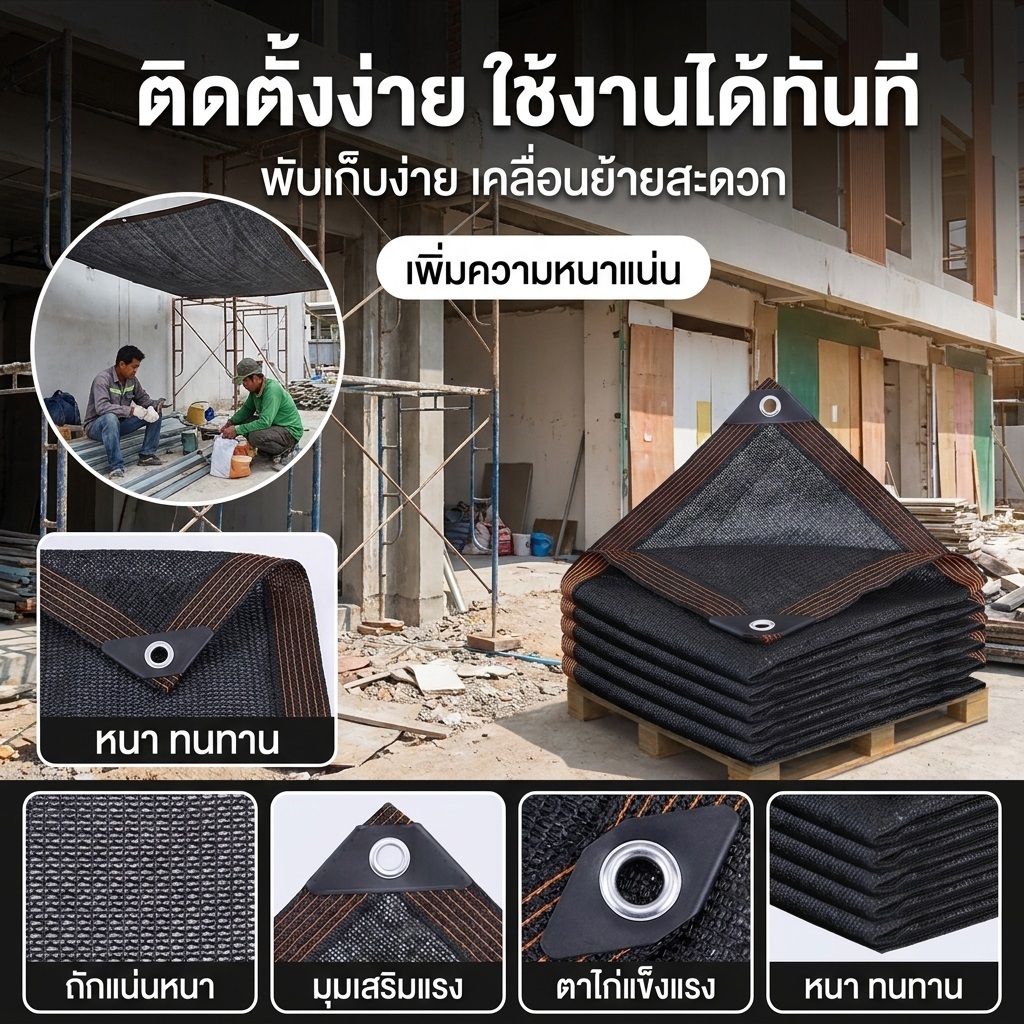 สแลนกันแดด HDPE 90% กันแดด ลดร้อนหน้างานก่อสร้าง ทอหนา ลมผ่านได้ มีตาไก่ทุก 1 ม. เย็บขอบเสริมแรง ทนแดดฝน พร้อมส่ง COD