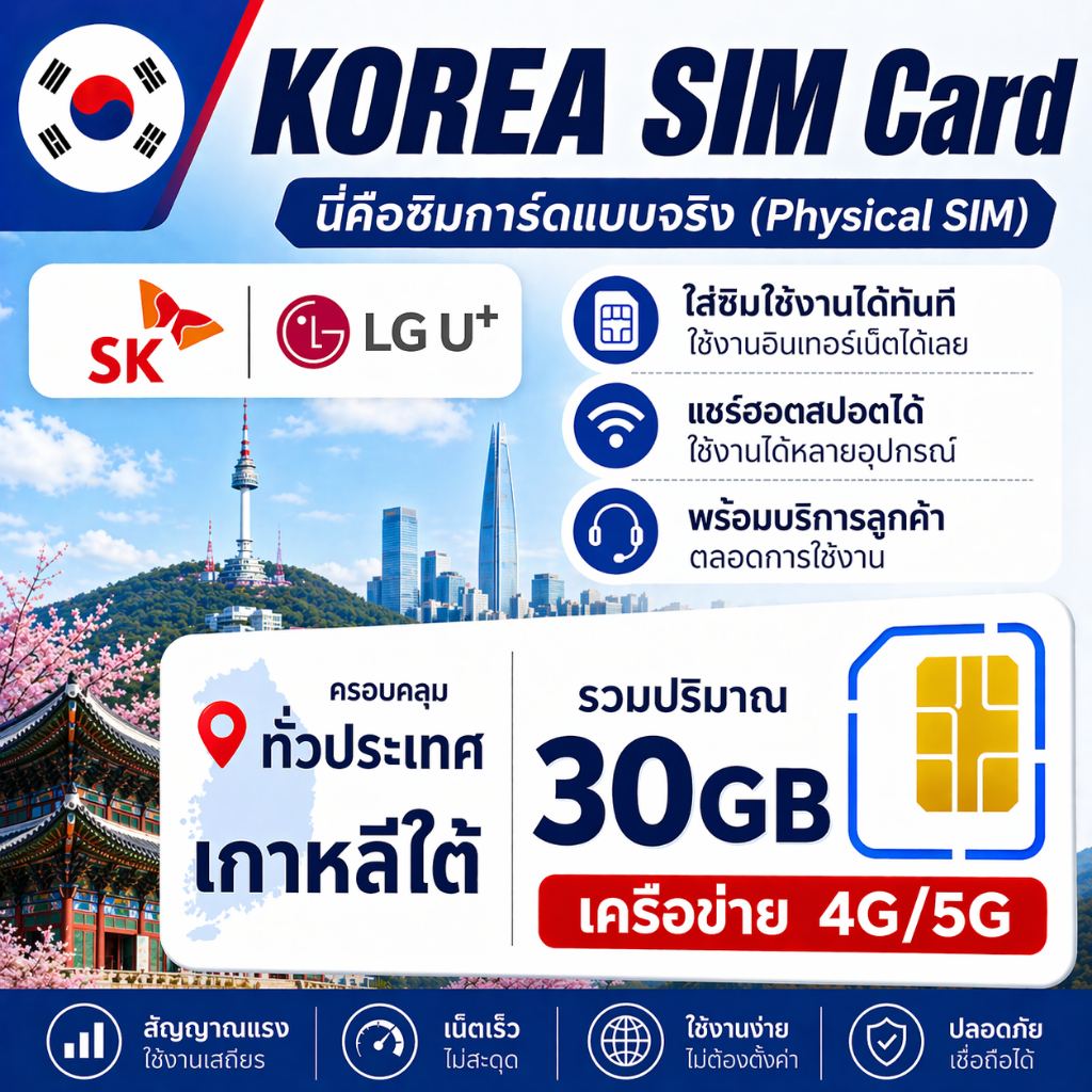 KR Korea SIMซิมเกาหลี 4G/5G เน็ตความเร็วสูง ใช้งานได้ทันทีทั่วประเทศ｜เลือกแพ็กเกจได้ 30GB｜ซิมท่องเที่ยวเกาหลี
