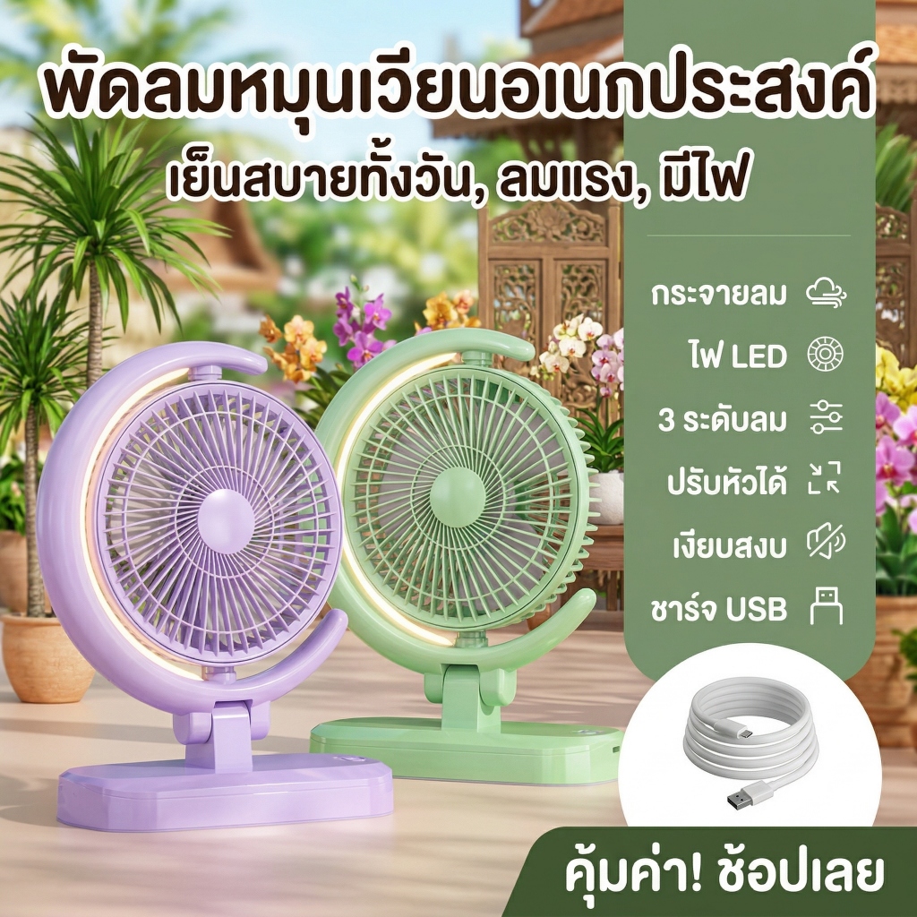 พัดลมตั้งโต๊ะ พัดลมUSB ชาร์จได้ พัดลมมีไฟLED พัดลมไร้เสียง พัดลมลมแรง พัดลมปรับองศาได้ ดีไซน์สวยงาม ใช้งานได้หลายสถานที่