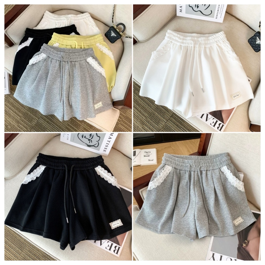 Beryl พร้อมส่ง กางเกงขาสั้นผู้หญิง กางเกงขาสั้นลำลอง เอวยางยืดเชือกดึง ดีเทลลูกไม้ สไตล์เกาหลี