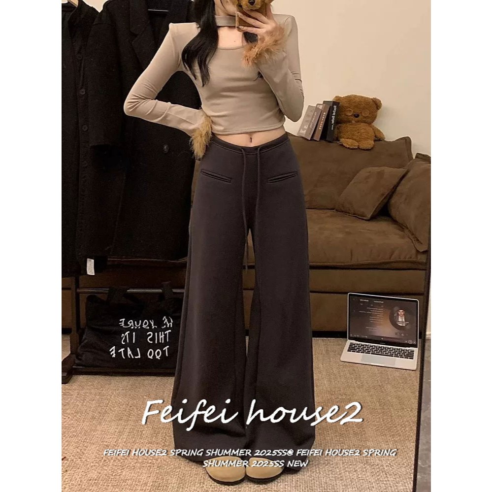 [Casual Solid Color Straight-Leg Pants]กางเกงขายาวทรงตรงผู้หญิงสไตล์อเมริกันวินเทจรัดรูปมีเชือกดึง