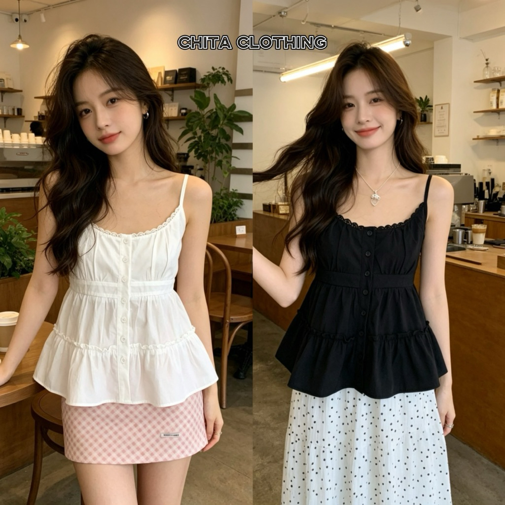 9163# เสื้อสายเดี่ยว งานกระดุมหน้า สายปรับได้ เนื้อผ้าดีทรงสวย TAG:WG.WE 🇰🇷