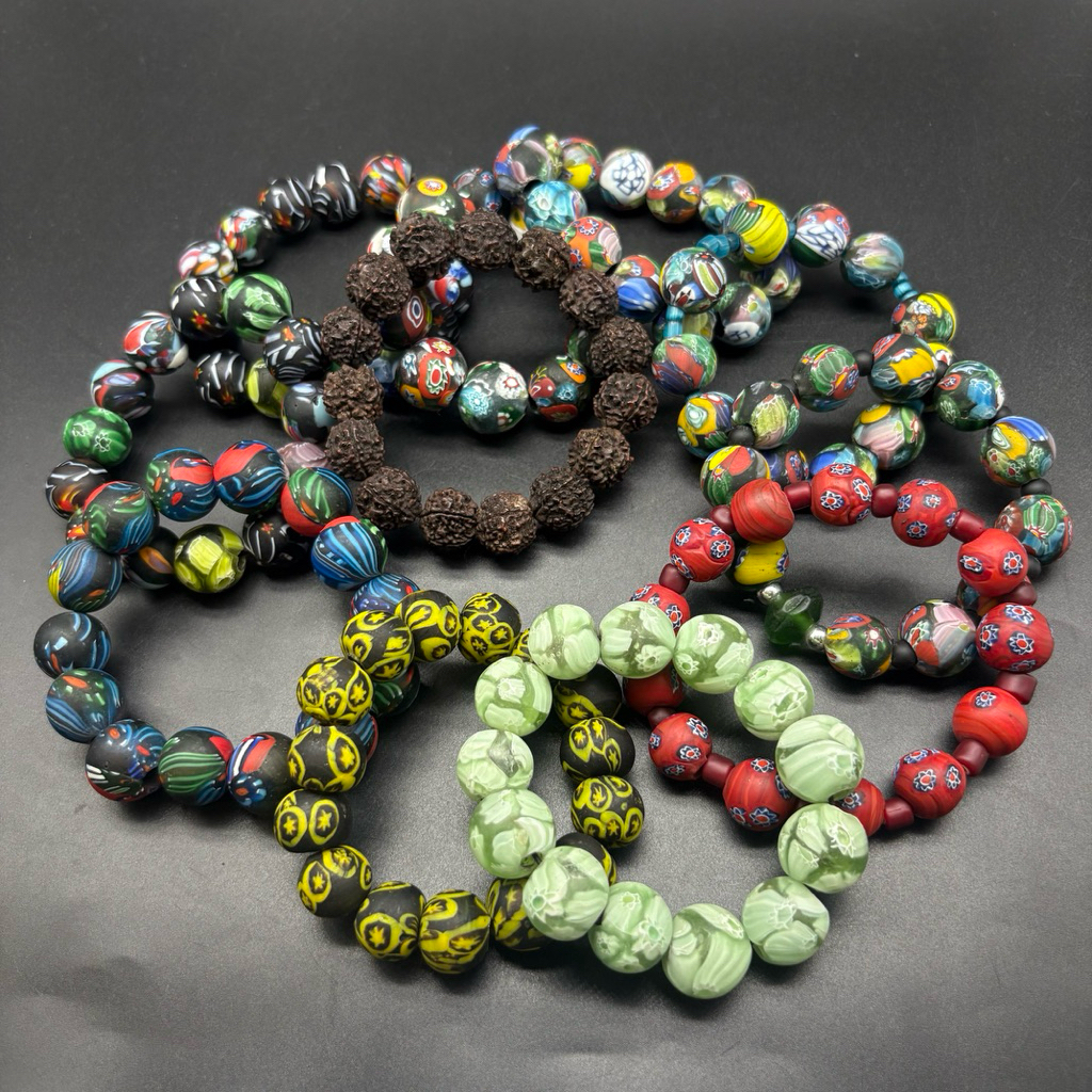 Vintage Millefiori Glass Beads Bracelet 16mm Stretch Elastic African Trade Multicolor Floral Jewelry