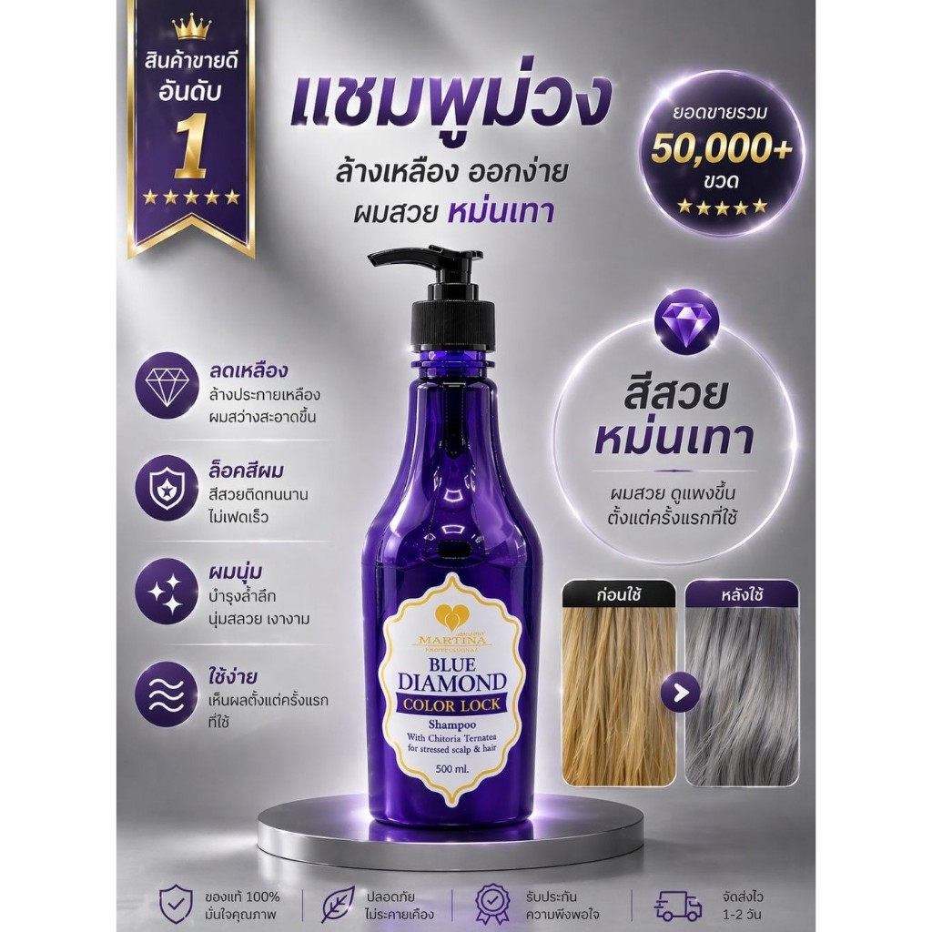 แชมพูม่วง บลูไดมอนด์ 500 ml. Blue Diamond MARTINA ล็อกสีผม เพิ่มประกายสีผม สระเปลี่ยนสีผมไม่เสีย