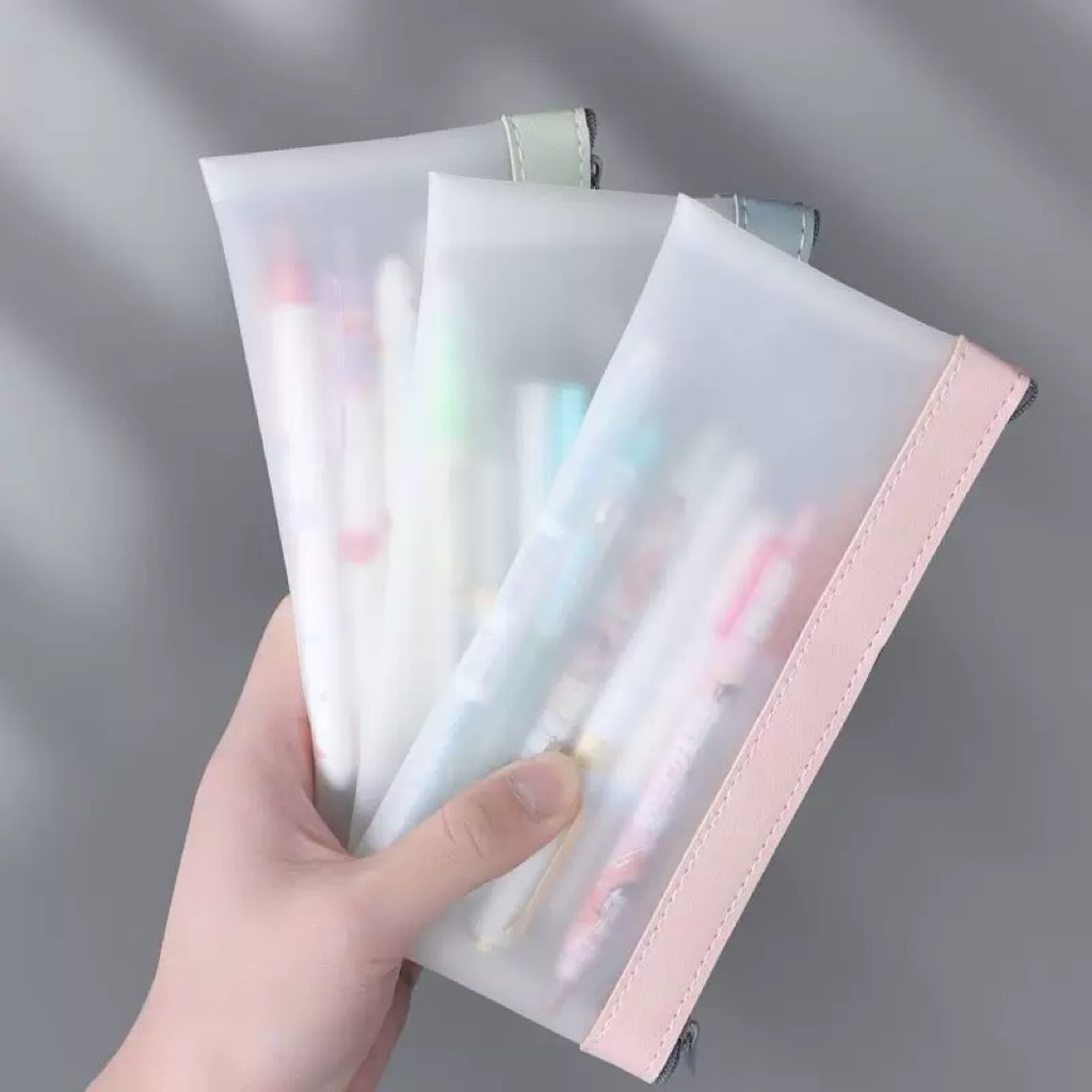 กระเป๋าดินสอ pvc มีซิป สีขุ่นพื้นเรียบ กันน้ำ