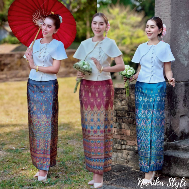 ผ้าถุงผ้าไหมแกมฝ้าย ลายแพรวา มี SIZE S-2XL งานป้ายสำเร็จซิปซ่อนหลัง อัดกาว ใส่ไปวัดทำบุญสวยมาก
