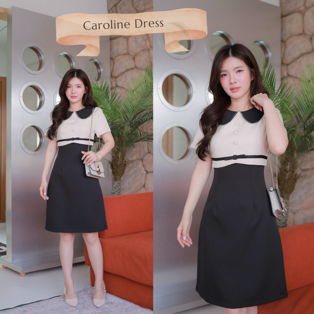 "Romi"Oil" Caroline Dress K392 ชุดเดรสปกสีดำ (คอบัวแต่งกระดุมหน้าแต่งโบว์ที่เอว)