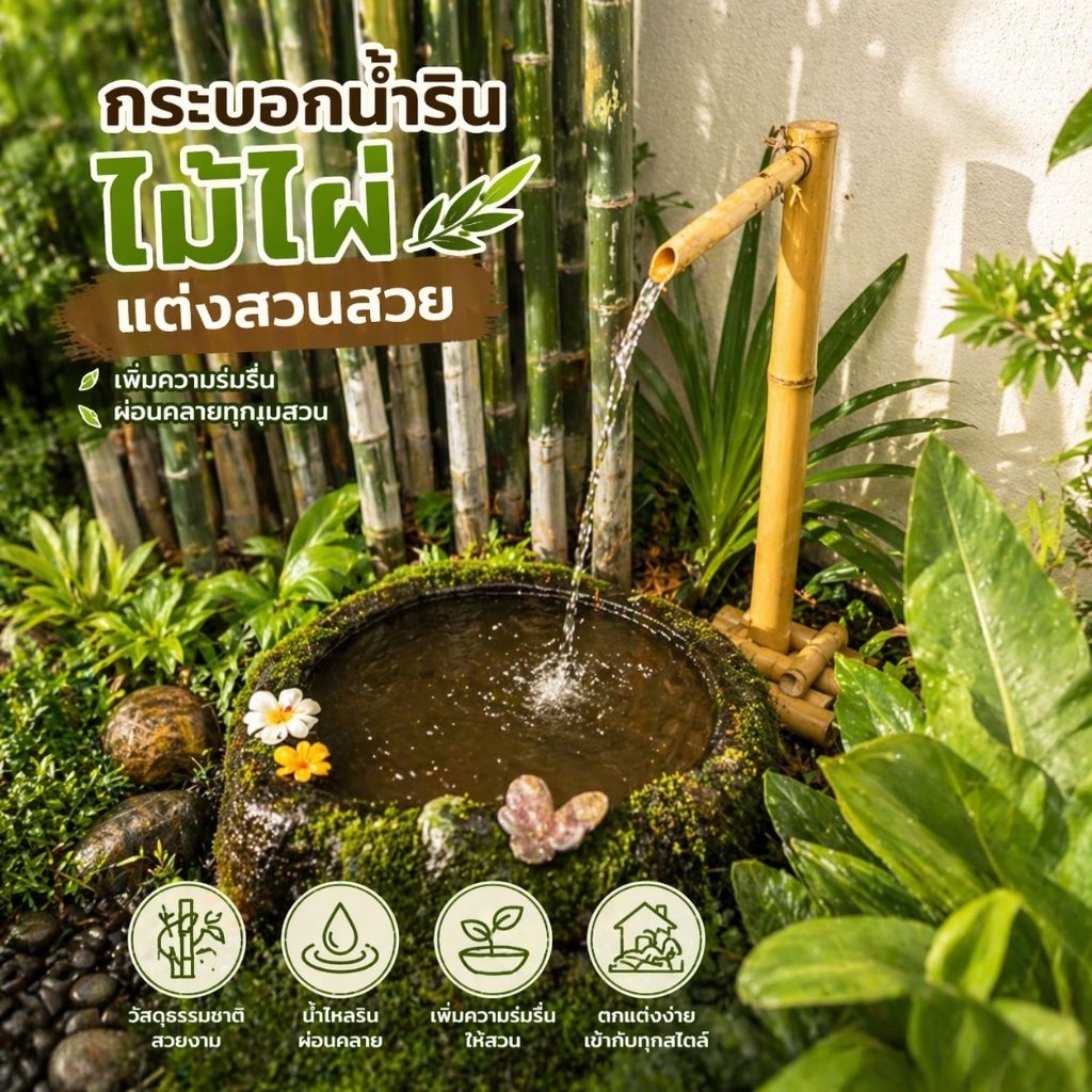 น้ำรินไม้ไผ่ น้ำพุบ่อปลา แต่งสวน น้ำไหลจริง ตกแต่งบ่อปลา สวนญี่ปุ่น