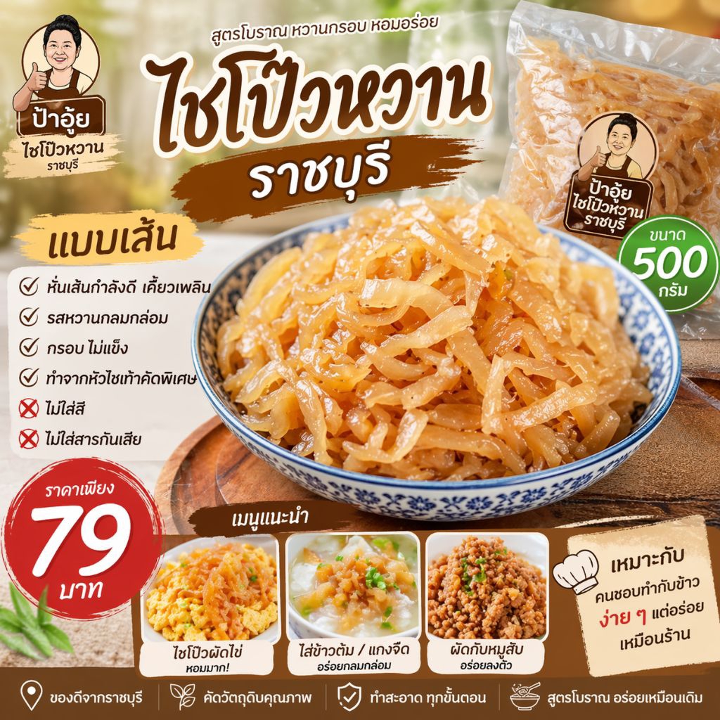 ไชโป๊วหวานแบบเส้นป้าอุ้ย ไชโป๊วหวาน ราชบุรี(แบบเส้น ขนาด 500 กรัม| ราคา 79 บาทหั่นเส้นกำลังดี เคี้ยวเพลินรสหวานกลมกล่อม