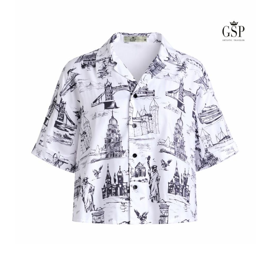 GSP Woman's เสื้อผู้หญิง แบล็ค เวิลด์ แมพ แขนสั้้น สีดำ PCDPBL