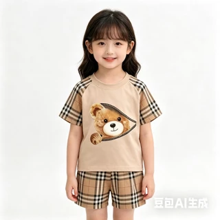 BB258 ชุดเด็กแฟชั่นหมีน้อย เสื้อแขนสั้นลายหมี + กางเกงขาสั้นลายตาราง ใส่ได้ทั้งเด็กหญิงเด็กชาย
