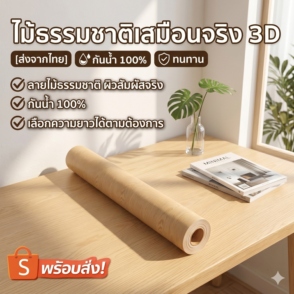 วอลเปเปอร์ลายไม้ สติ๊กเกอร์ติดเฟอร์นิเจอร์ กันน้ำ 100% มีกาวในตัว ผิวสัมผัสสมจริง [ส่งไวจากไทย]