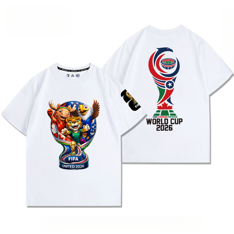 เสื้อยืดคอกลม ผ้าฝ้าย ลาย FIFA World Cup 2026 Commemorative Mascot & Trophy Print มีไซส์ S-5XL มีสีให้เลือกหลายสี