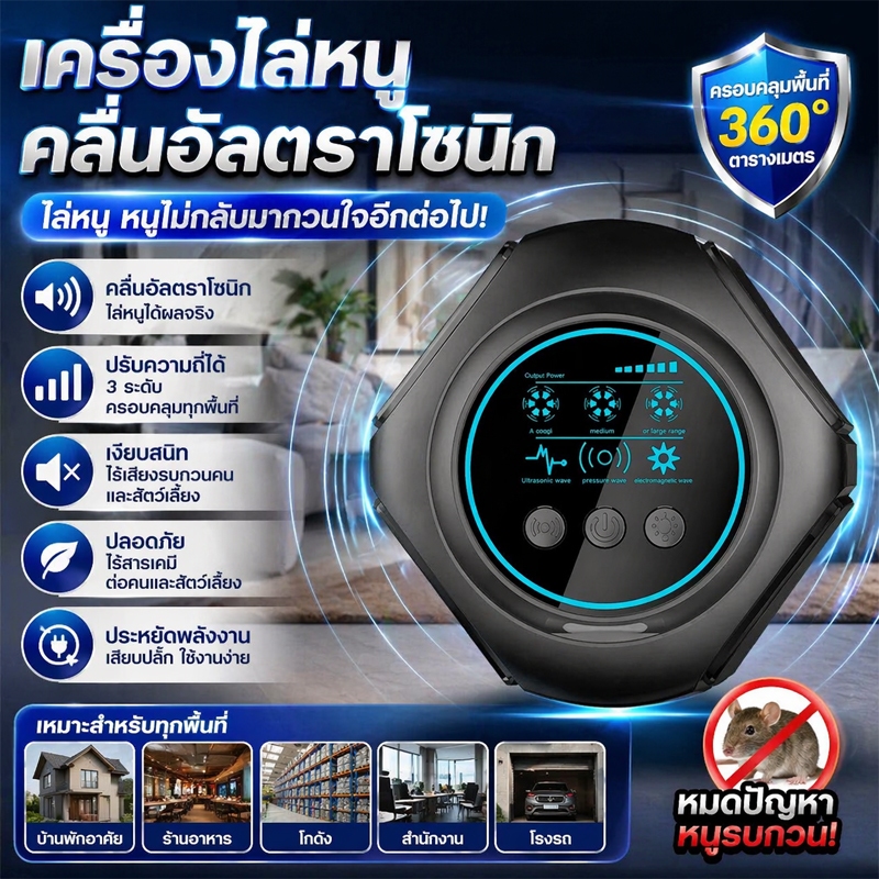 เครื่องไล่หนูอัลตราโซนิค 360° เครื่องไล่หนูไฟฟ้า ปรับได้ 3 ระดับ เงียบ ปลอดภัย ประหยัดไฟ