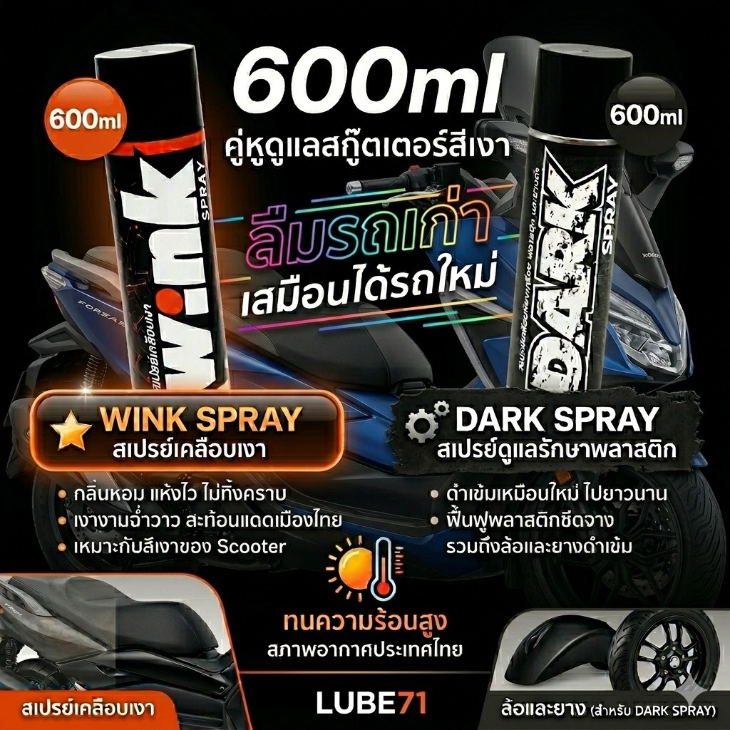 แถมฟรี ผ้า ทิชชู่เปียก... ชุดดูแลสกู๊ตเตอร์ สีเงา WINK+DARK SPRAY สเปรย์เคลือบเงา+สเปรย์เคลือบพลาสติกดำ