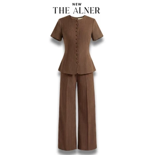Thealner-AN257 (เซตเสื้อลายริ้วแขนสั้นแต่งกระดุมหน้ากางเกงขายาว)